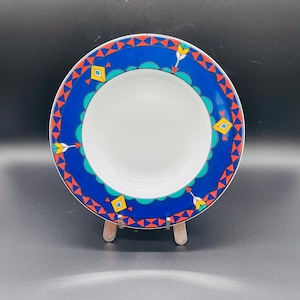 Vintage 1980s Kahla Change Blue Soup Plate Memphis Style Porcelain Made in East Germany Dishwasher Safe Postmodern Design Tableware Decor