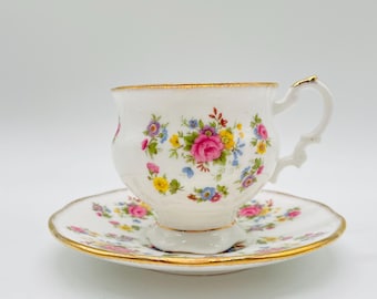 Vintage England Elizabethan Teacup & Saucer w Floral Pattern and Gold Rim Staffordshire Fine Bone China