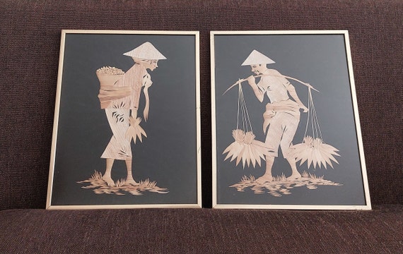 Vintage Hand-crafted Framed Bamboo Asian Straw Art on Black Fabric 
