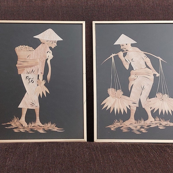 Vintage Hand-Crafted Framed Bamboo Asian Straw Art On Black Fabric, Straw Collages, Rice Pickers, Oriental Home Decor, Minimalist, 1950s