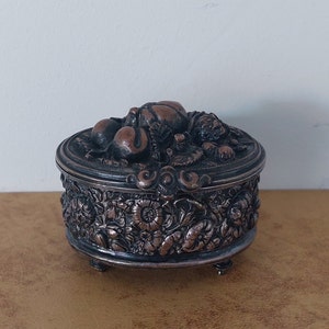 Antique Trinket Jewelry Box Silver Repousse Fruits & Floral