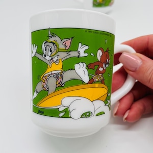 Vintage Acropal France Milk Glass Mug Tom & Jerry Set of 2 1980&#39;s Cartoon Mugs