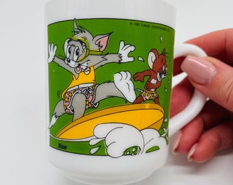 Vintage Acropal France Milk Glass Mug Tom & Jerry Set of 2 1980's Cartoon Mugs