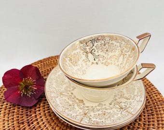 RARE Elegant Vintage Porcelain Cup and Saucer, Set of 2, Luxurious Golden Tea Cup and Saucer Made by Mosa in Holland, Gold Accents Porcelain