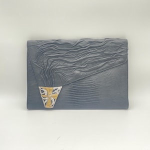 Bolso de mano de cuero negro elegante vintage, bolso de mano tipo sobre de cuero negro retro, increíble bolso de mano negro con dos metales y piedras preciosas