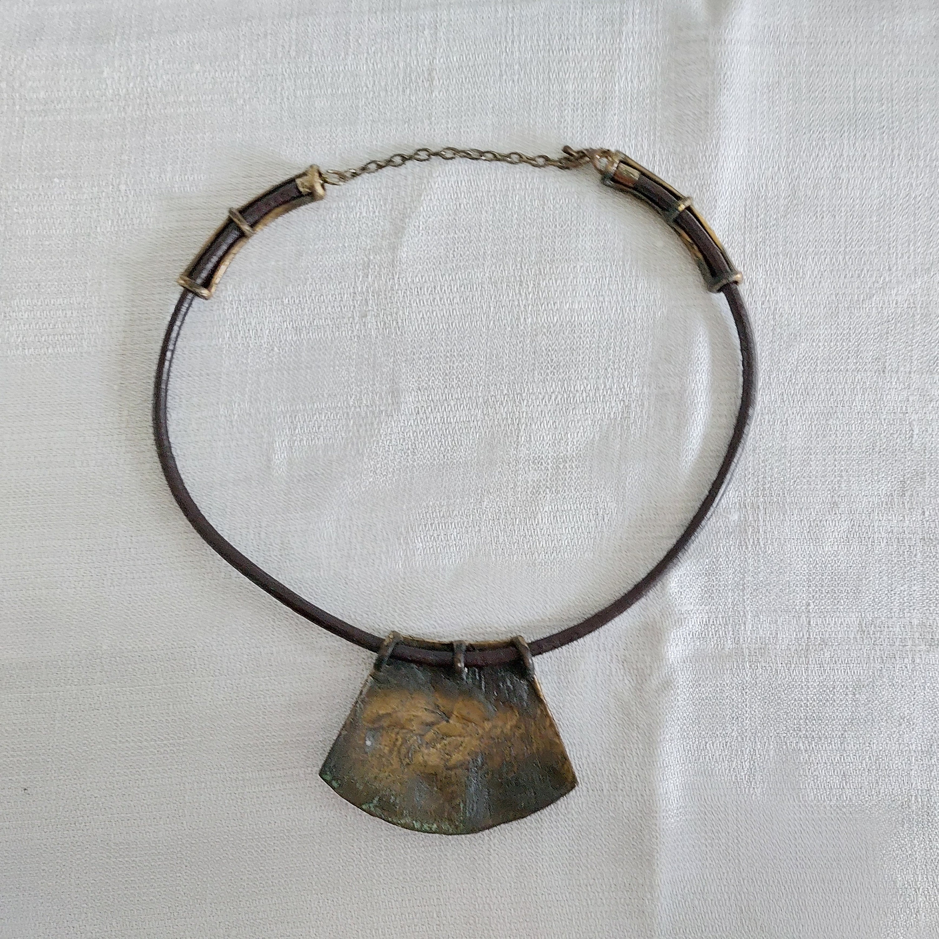 Vintage Brutalist Brass & Leather Necklace, Mid-century 