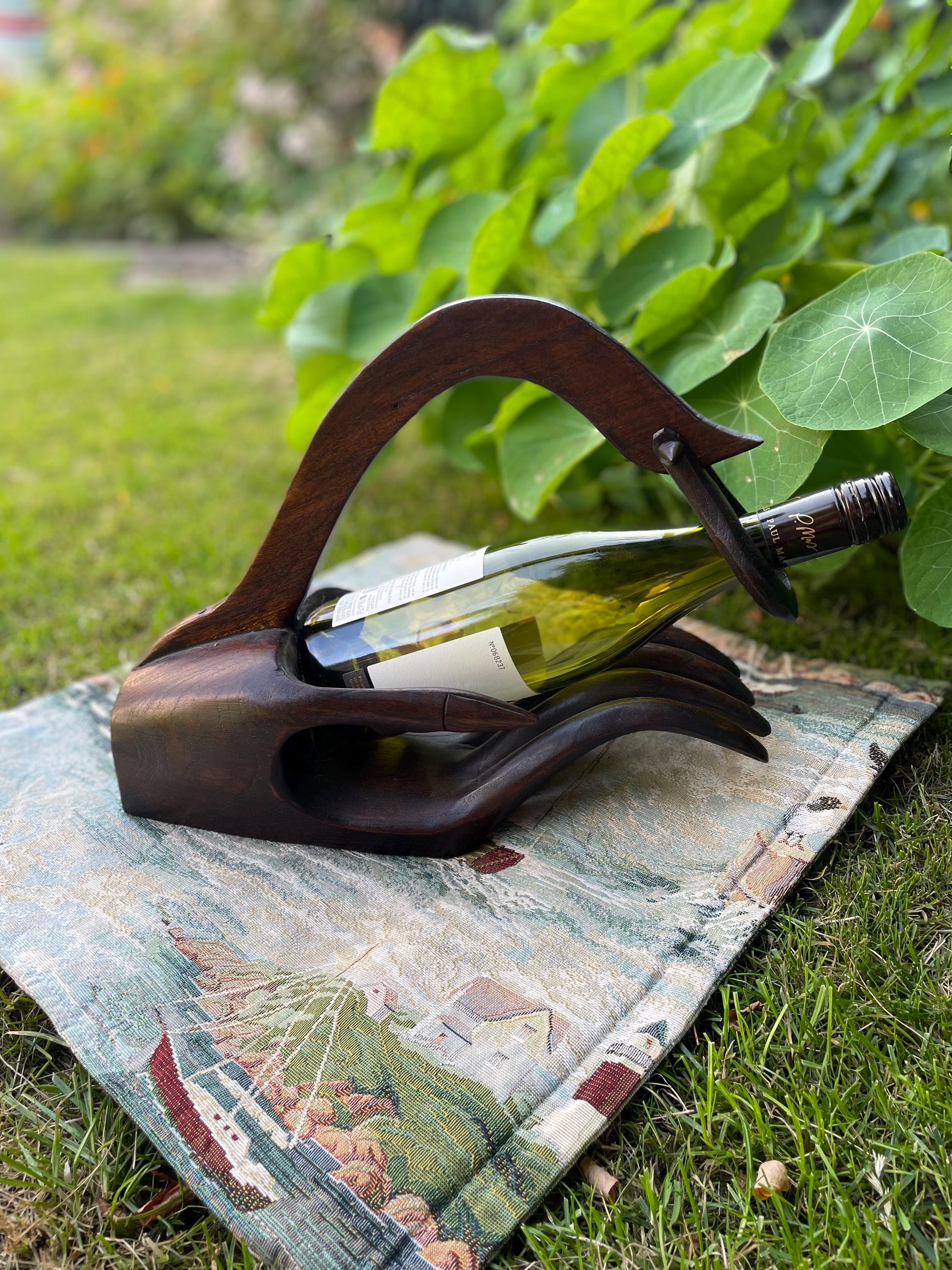 Vintage Wooden Wine Bottle Holder / Hand Shaped Wine Holder / Gift