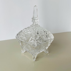 Vintage Pressed Glass Candy Dish with Lid | Rectangular Glass Box with Legs | Flower Motif Glass Storage Jar