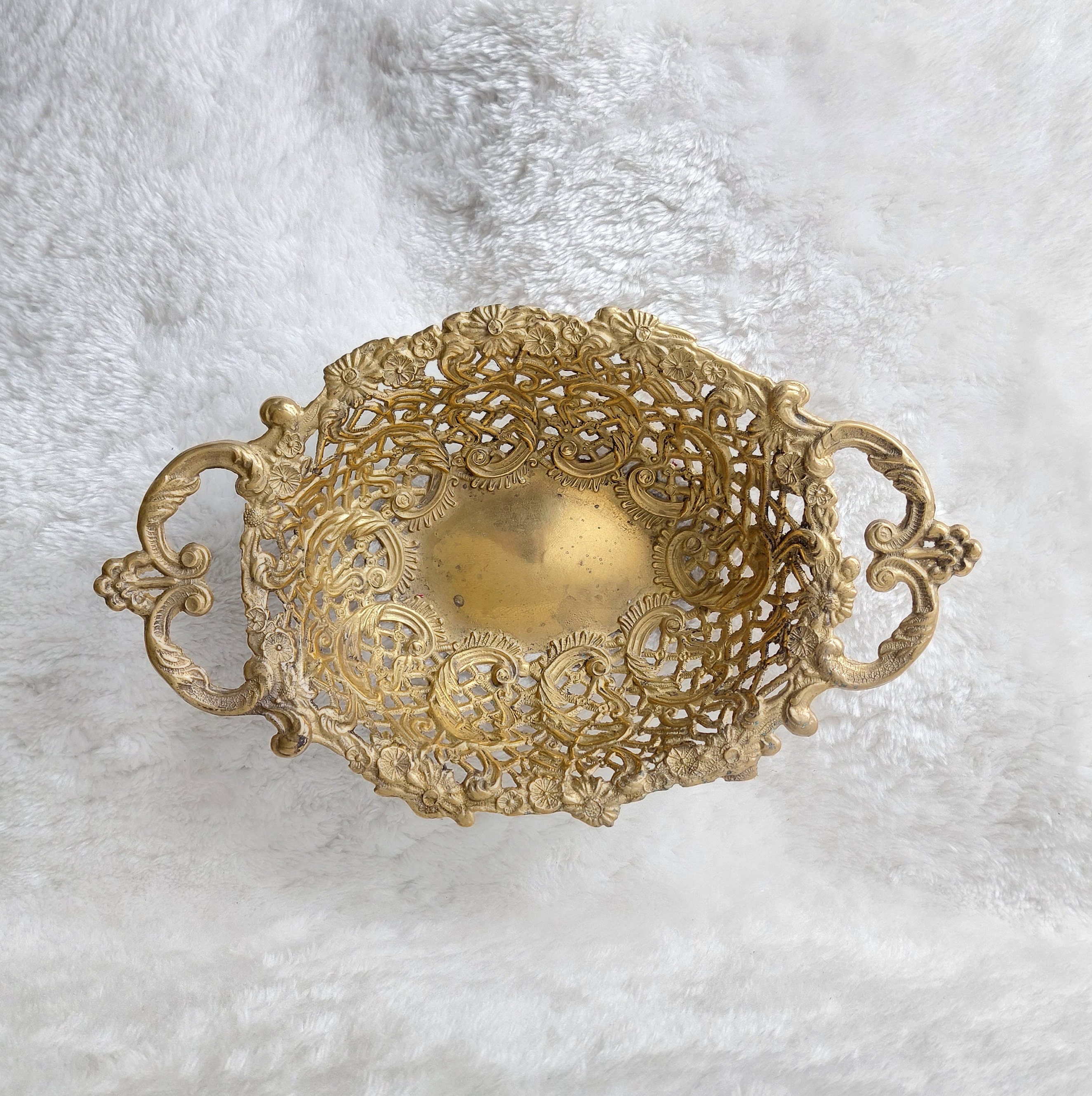 Plat En Laiton Art Déco - Panier à Fruits Géométrique Ancien France (1920-1949)