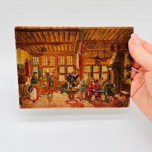 Original 1918 Oil Painting on Wood, Tavern Scene, Signed Miniature Art (18x13 cm)