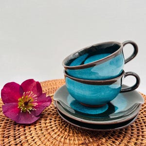 Japanese Akazu Ware Coffee Cups | Vintage Seto Pottery | Handmade Crackle Glaze Cups | Wabi Sabi Teacups | Japanese Ceramic Saucers