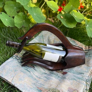 Vintage Wooden Wine Bottle Holder / Hand Shaped Wine Holder / Gift for Wine Lovers