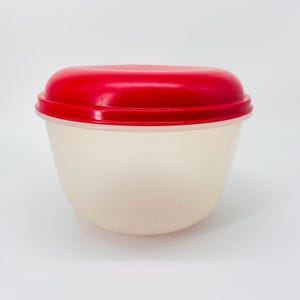 Puede incluir: Un cuenco redondo de plástico blanquecino con una tapa roja brillante. El cuenco tiene un aspecto ligeramente translúcido y la tapa encaja perfectamente. El diseño es sencillo y funcional, adecuado para guardar o servir alimentos.