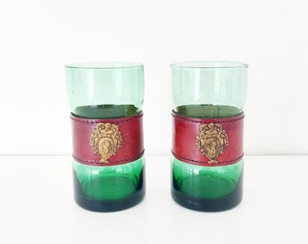 Pretty Green Glasses with Leather Band, Set of 2, Colored Glassware Made in Italy, Hand Blown Glass Set, Unique Gift got Italy Lover
