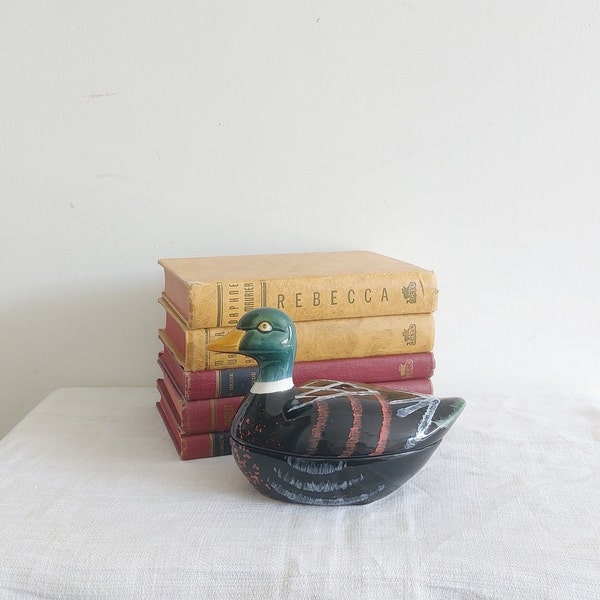 Vintage French Ceramic Duck Shaped Dish by Michel Caugant, Hand Painted Serving Dish, Trinket Box, Farmhouse Kitchen, Collectible