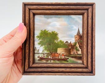 Vintage French Ceramic Tile Art Desvres Hand Painted Landscape | Framed Wall Decor 14x14cm