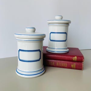 Vintage Porcelain Apothecary Jars | White & Blue Pharmacy Jars | Set of 2 Vintage Canisters