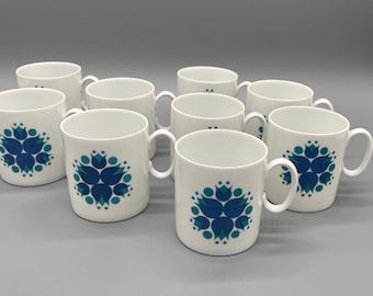 Thomas Rosenthal Vintage Porcelain Coffee Cup, Mid Century Tableware, Blue Geometric Pinwheel Pattern, Collectors Item, Price per Cup
