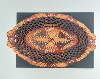 Vintage Hand Carved Wooden Tray, Bulgarian Hand Painted Bowl