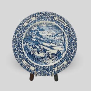 Vintage English Ironstone Plate with Blue Autumn Motif, Multilingual Seasonal Decor, Rustic Farmhouse Style, English Transferware Plates