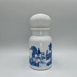 Vintage 1970s Big Belgian Milk Glass Apothecary Jar | Victorian Blue Transfer Design | Pharmacy Storage Decor | Collectible Glass