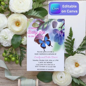 Invitación de baby shower con flores para niña, vertical, plantilla personalizable en Canva