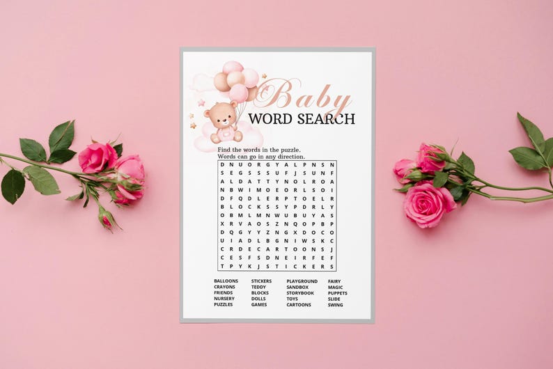 TEDDY BEAR GIRL Theme, Baby Shower Word Search Game, Printable Baby