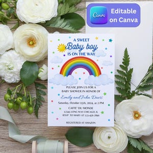 Invitación de baby shower con arcoíris para niño, vertical: plantilla personalizable en Canva
