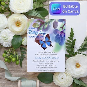 Invitación de baby shower con flores para niño, vertical, plantilla personalizable en Canva
