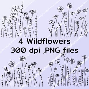 Wildflower Bundle, Flower Meadow, Flower Border , Minimalist Flower Bouquet, Wildflower Clipart PNG , Digital flower PNG, Spring Flowers PNG