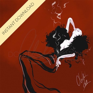 May include: A digital illustration of a woman with curly black hair wearing a black dress and smoking a cigarette. The background is a solid red color.