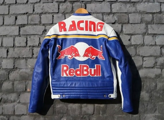 Red white and blue leather best sale jacket