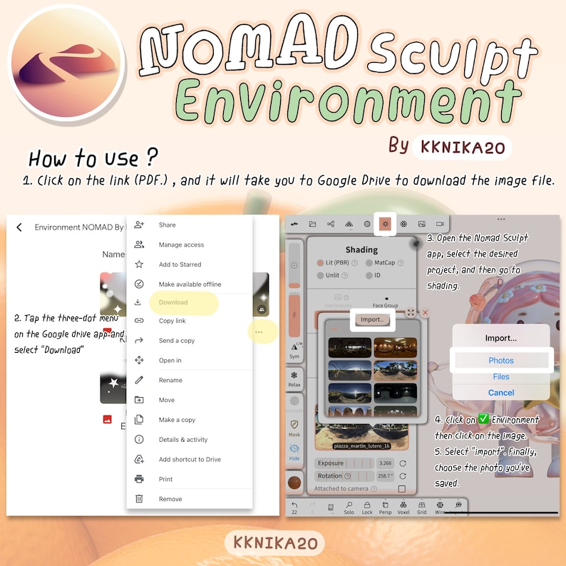 May include: A screenshot of a computer screen showing instructions on how to use the Nomad Sculpt app. The instructions are written in a light pink font on a peach background. The instructions include steps on how to download an image file from Google Drive and import it into the Nomad Sculpt app.