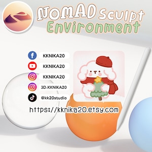 May include: A digital illustration of a white dog wearing a red hat and scarf, holding a small green Christmas tree. The image is surrounded by colorful spheres and a white stylus. The text "NOMAD Sculpt Environment" is at the top of the image. Social media icons and a website address are listed below the image.