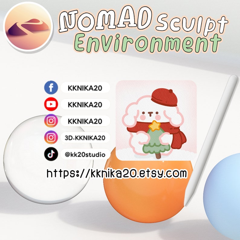 May include: A digital illustration of a white dog wearing a red hat and scarf, holding a small green Christmas tree. The image is surrounded by colorful spheres and a white stylus. The text "NOMAD Sculpt Environment" is at the top of the image. Social media icons and a website address are listed below the image.