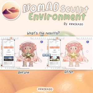 May include: A 3D rendering of a cartoon character holding a star. The character is wearing a pink dress and a veil. The image shows the difference in lighting and environment settings before and after applying changes in a 3D modeling software. The text "NOMAD Sculpt Environment" and "What's the results?" are visible in the image.
