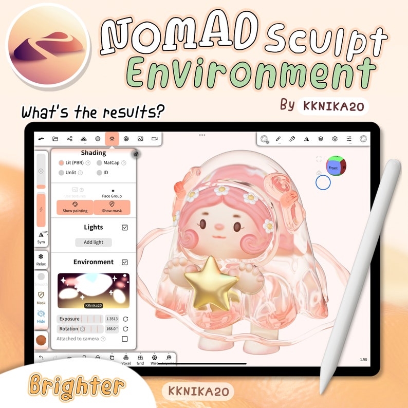 May include: A 3D rendering of a cartoon character in a pink and white dress holding a gold star. The character is surrounded by a transparent, pink, and white veil. The image is from a 3D modeling program and shows the character's settings and options.