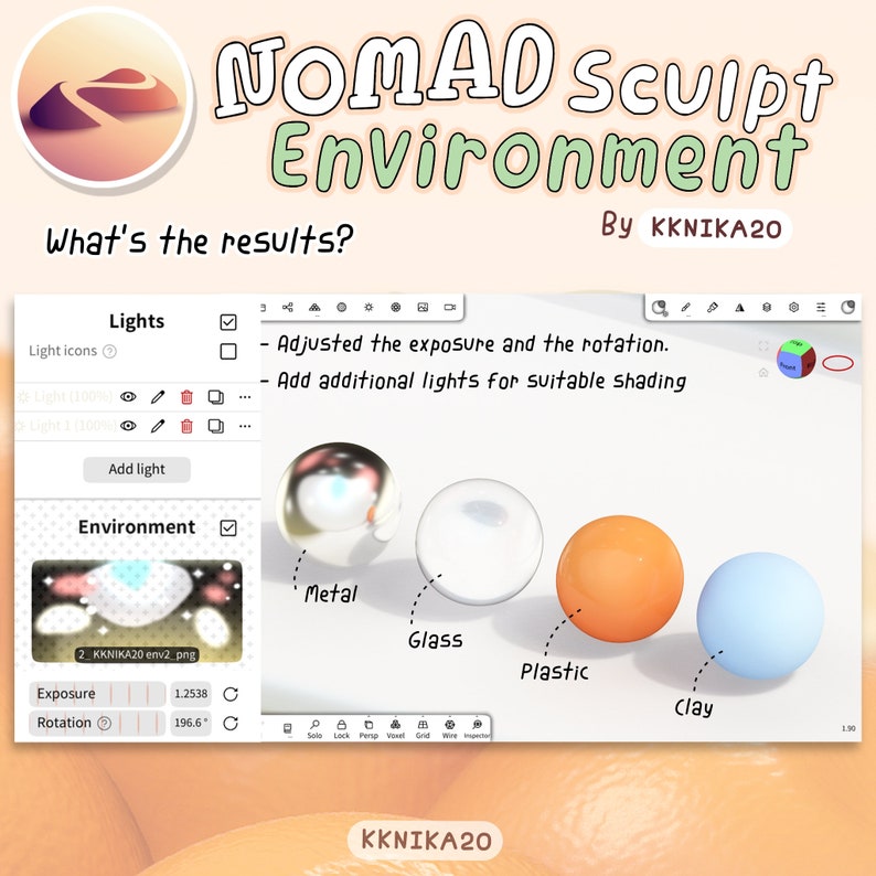 May include: A computer screen showing a 3D modeling program with four spheres labeled "Metal", "Glass", "Plastic", and "Clay". The program is called "NOMAD Sculpt Environment" and the text "What's the results?" is at the top of the screen.