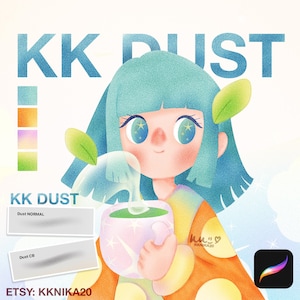 Op de afbeelding: Digitale illustratie van een stripfiguur met blauw haar en grote ogen die een kop groene vloeistof vasthoudt. De afbeelding bevat de tekst "KK DUST" en kleurstalen. De Etsy shopnaam "KKNIKA20" is ook zichtbaar.