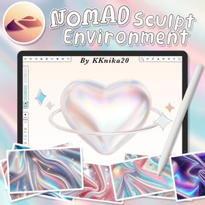 Op de afbeelding: Een digitale illustratie van een hartvormig object met een ring eromheen, omringd door iriserende sterren. De afbeelding wordt weergegeven op een computerscherm met een stylus ernaast. De tekst "NOMAD Sculpt Environment" en "By KKnika20" is zichtbaar bovenaan het scherm.
