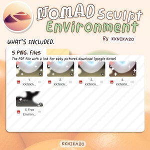 May include: A digital illustration of a desert landscape with a pink and orange sky. The text "NOMAD Sculpt Environment" is written in a stylized font. The text "WHAT'S INCLUDED." is written in a smaller font. The text "5 PNG. Files" is written in a smaller font. The text "The PDF file with a link for easy pictures download (google drive)" is written in a smaller font. There are five images of different desert landscapes with the text "KKNIKA..." written below each image. The text "By KKNIKA20" is written in a smaller font.