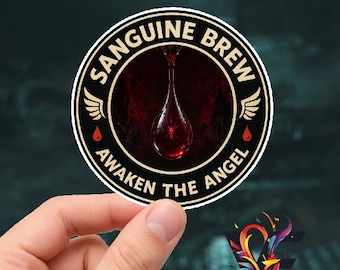 Adesivo Sanguine Brew - Awaken the Angel, decalcomania fantascientifica e fantasy, disegno di una goccia di sangue, adesivo per laptop con estetica occulta, regalo per giocatori da tavolo