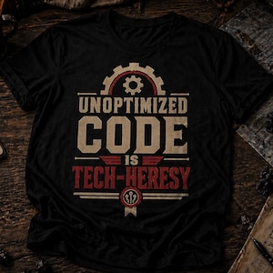 Può includere: T-shirt nera con la scritta "UNOPTIMIZED CODE IS TECH-HERESY" in beige e rosso. Il design include un ingranaggio, ali e un distintivo. La maglietta è su una superficie di legno con una candela, un taccuino e altri oggetti.