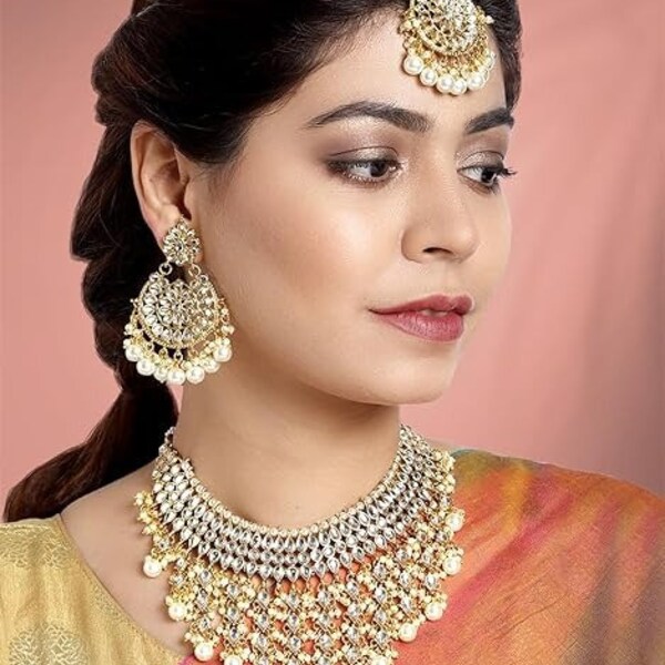 Traditional Kundan & Pearl Drop Choker Necklace Earring Set, Handmade Kundan Necklace, South Indian Kundan Necklace, Wedding Necklace,