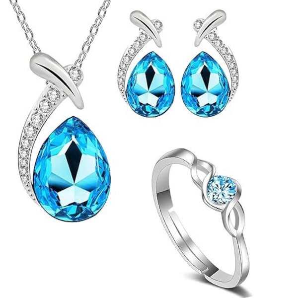 Blue Crystal Jewelry Set, Fashion Jewelry Set, Handmade White Topaz Jewelry Set, Wedding Gift Set, Adjustable Solitaire  Finger Ring, ,