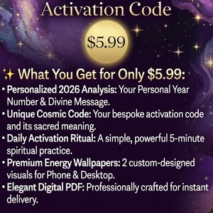 Könnte beinhalten: AstroArcanaStudio-Werbung mit einem lila-goldenen kosmischen Hintergrund. Der Text lautet "2026 Cosmic Activation Code" und "What You Get for Only $5.99". Enthält personalisierte Analysen, einen einzigartigen kosmischen Code, ein tägliches Ritual, Hintergrundbilder und ein digitales PDF.
