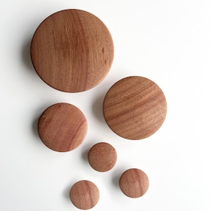 Może przedstawiać: Pięć drewnianych haczyków ściennych w różnych rozmiarach, od małych do dużych, z naturalnym wykończeniem drewna.