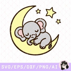 May include: A cute gray elephant with closed eyes is sleeping on a yellow crescent moon. There are three yellow stars in the background.