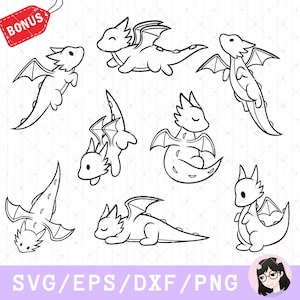 Clipart di drago carino, drago kawaii, clipart di drago bambino, adorabile drago SVG PNG per progetti Cricut, Laser e di design