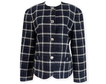 Vintage Pendleton Womens Sz 8 Virgin Wool Jacket Blue White Silver Plaid Structured